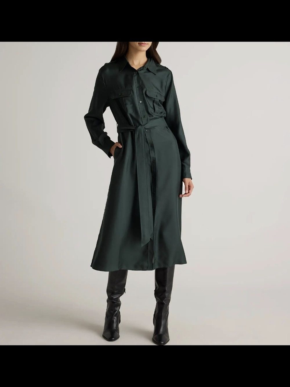 Quince Forest Green Silk Long Sleeve Utility Shirt Dress with Waist Tie-Size:XL